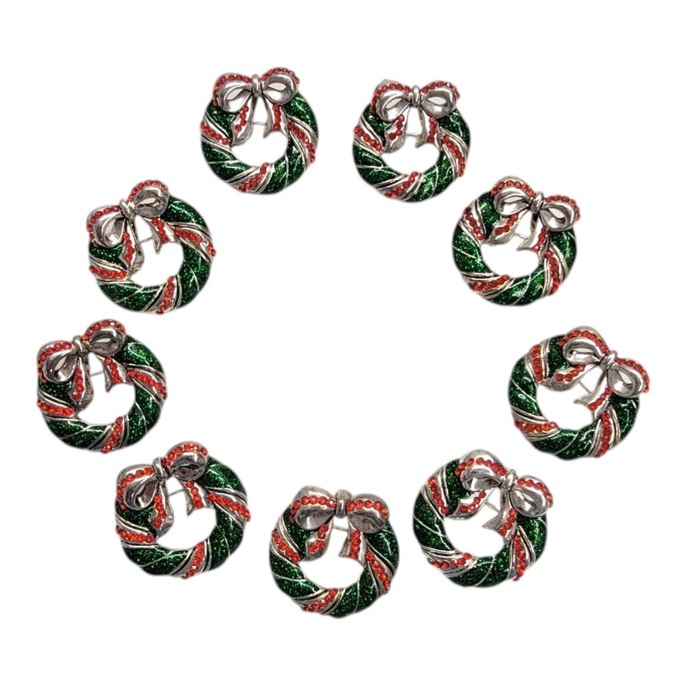 Set of 9 Vintage Christmas Wreath Brooch Pin Pendant Red Rhinestone Green Bow